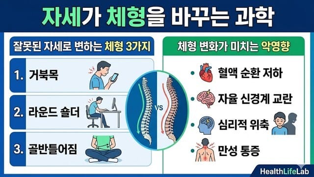 바른 자세와 잘못된 자세의 척추 라인을 비교하여 보여주는 인체 해부학적 그래픽 이미지