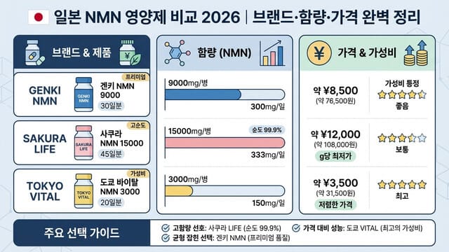 일본 NMN 영양제 비교 2026|브랜드·함량·가격 완벽 정리