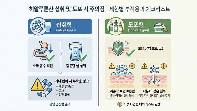 히알루론산 섭취 및 도포 시 주의점｜제형별 부작용과 체크리스트