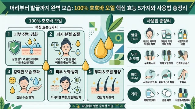 머리부터 발끝까지 완벽 보습: 100% 호호바 오일 핵심 효능 5가지와 사용법 총정리