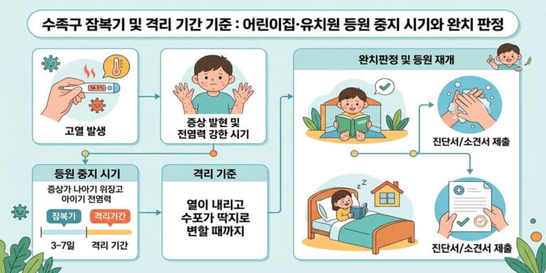 수족구 잠복기 및 격리 기간 기준: 어린이집·유치원 등원 중지 시기와 완치 판정