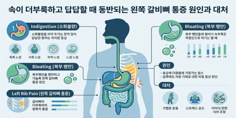 속이 더부룩하고 답답할 때 동반되는 왼쪽 갈비뼈 통증 원인과 대처