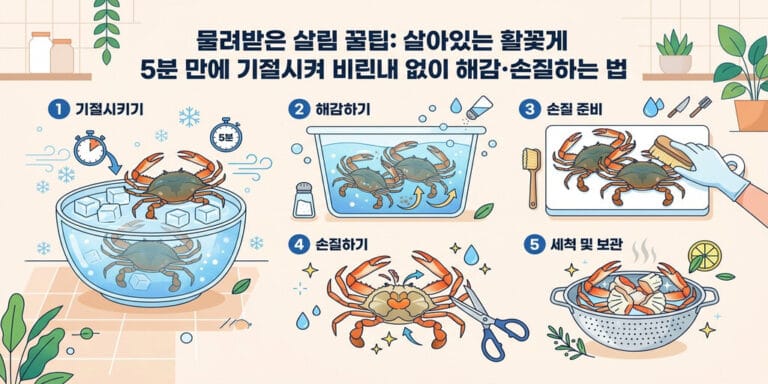 물려받은 살림 꿀팁: 살아있는 활꽃게 5분 만에 기절시켜 비린내 없이 해감·손질하는 법