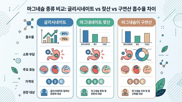 마그네슘 종류 비교: 글리시네이트 vs 젖산 vs 구연산 흡수율 차이